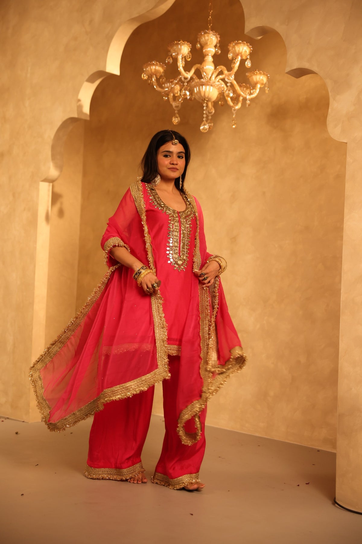 Mikka Pink Sleeveless Chanderi Mirror Work Kurta Set With Chiffon Dupatta - Deedar-e-Mehfil collection by Gulabo Jaipur