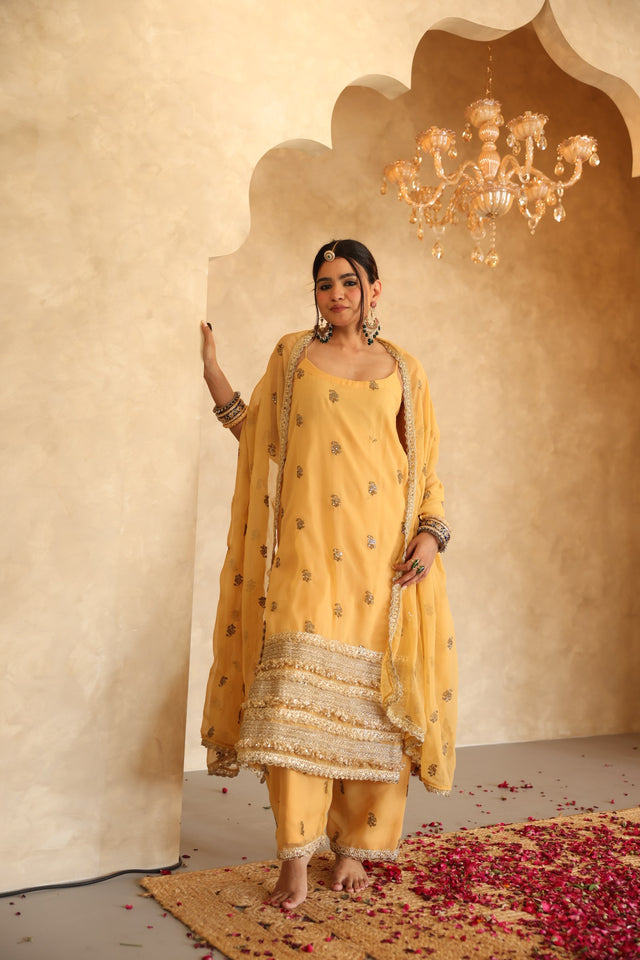 Hunar Mango Gota Lace Georgette Straight Kurta Set With Dupatta - Deedar-e-Mehfil collection by Gulabo Jaipur