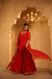 Saqi Red Georgette Embroidered Sharara Set With Dupatta - view 3
