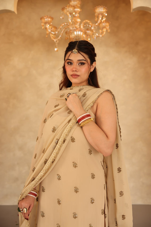 Hunar Beige Gota Lace Georgette Straight Kurta Set With Dupatta - view 2