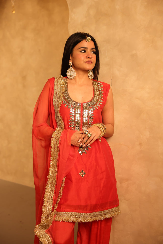 Mikka Red Sleeveless Chanderi Mirror Work Kurta Set With Chiffon Dupatta - Deedar-e-Mehfil collection by Gulabo Jaipur