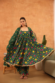 Tanya Green Bandhani Anarkali Set With Embroidered Doriya Dupatta - Deedar-e-Mehfil collection by Gulabo Jaipur