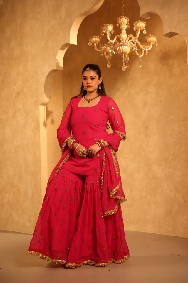 Saqi Pink Georgette Embroidered Sharara Set With Dupatta - view 2