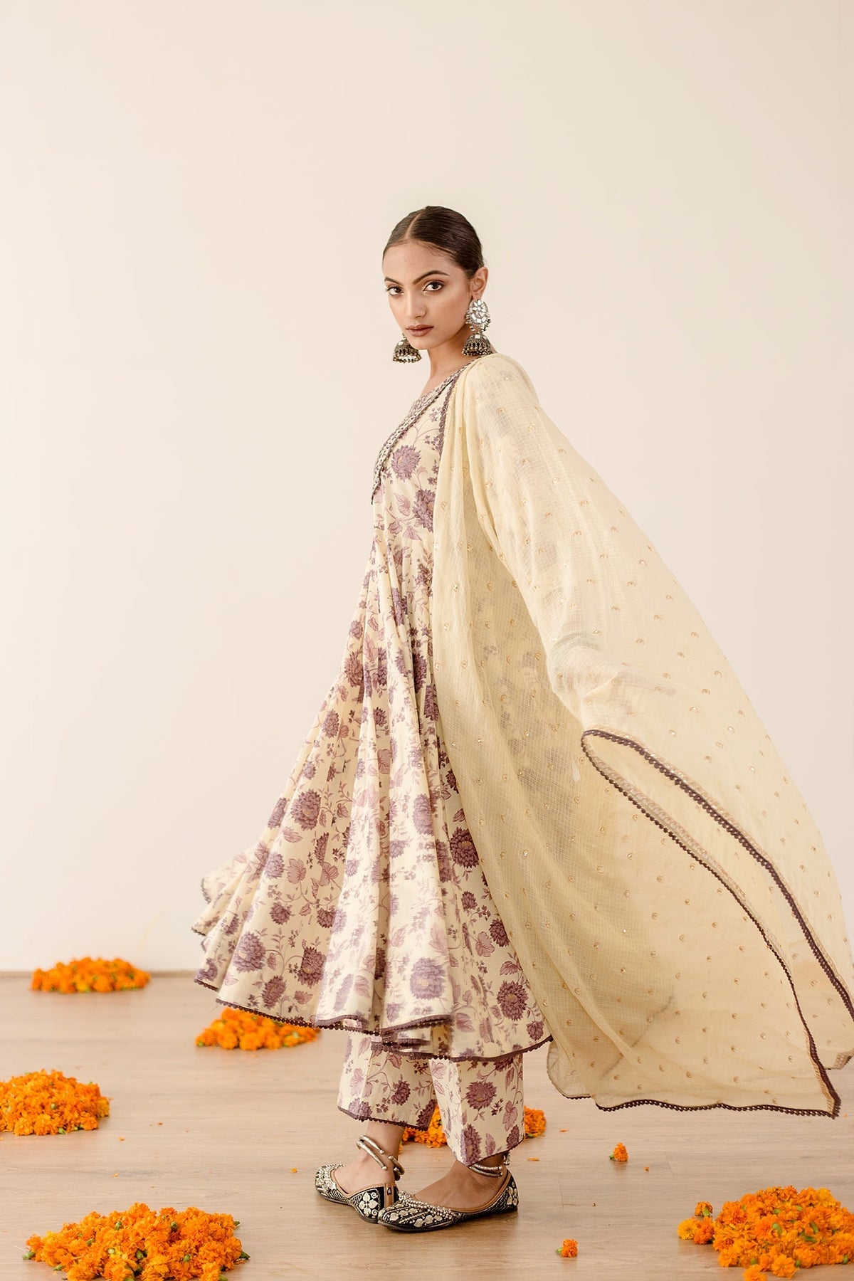 Sonam Purple Floral Anarkali Set Sequins And Resham Neckline With Doriya Dupatta