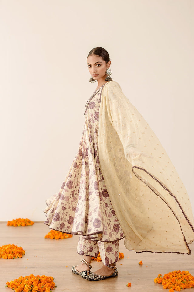 Sonam Purple Floral Anarkali Set Sequins And Resham Neckline With Doriya Dupatta