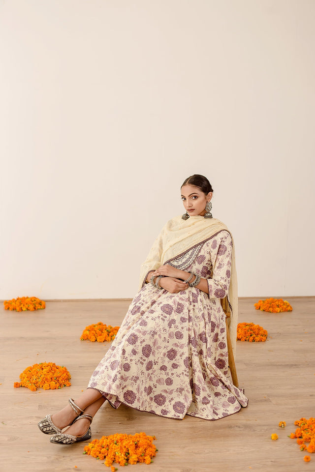 Sonam Purple Floral Anarkali Set Sequins And Resham Neckline With Doriya Dupatta