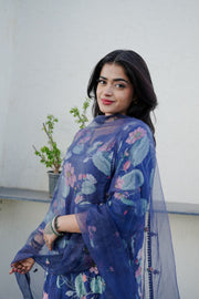 Muskan Blue Straight Kurta Set With Organza Dupatta 5