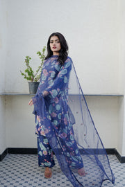 Muskan Blue Straight Kurta Set With Organza Dupatta 3