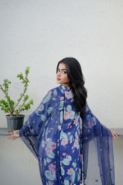 Muskan Blue Straight Kurta Set With Organza Dupatta 2