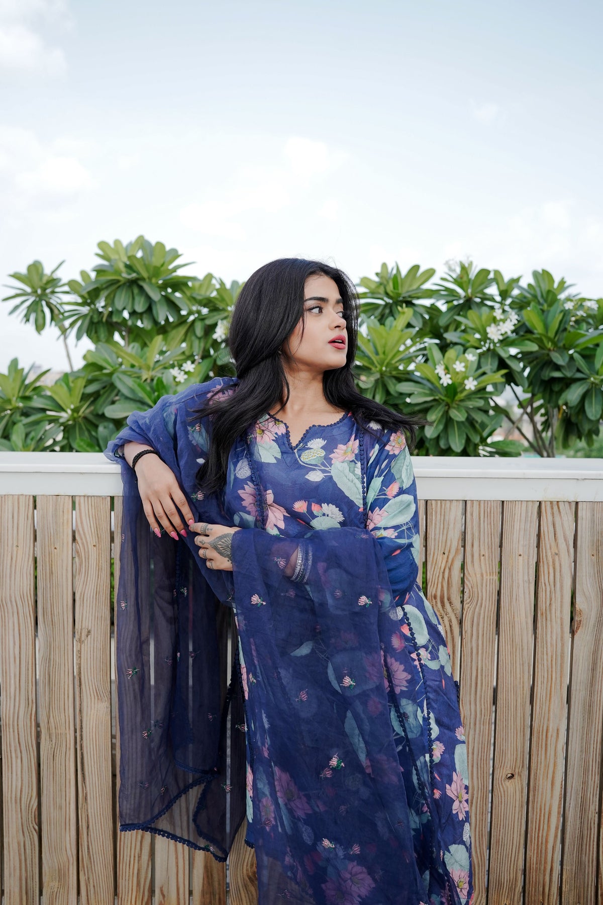 Muskan Blue Straight Kurta Set With Organza Dupatta
