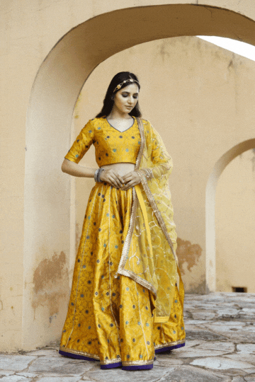 Kashika Kapoor in Floral Brocade Aisha Yellow Lehenga Set with Organza Dupatta