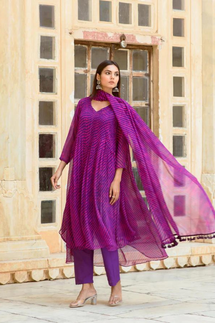 Georgette Rang Purple Leheriya Straight Kurta Set With Dupatta Gulabo Jaipur