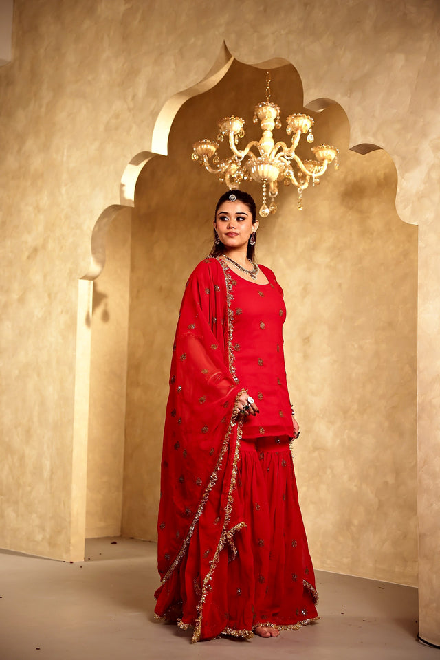 Saqi Red Georgette Embroidered Sharara Set With Dupatta - view 2