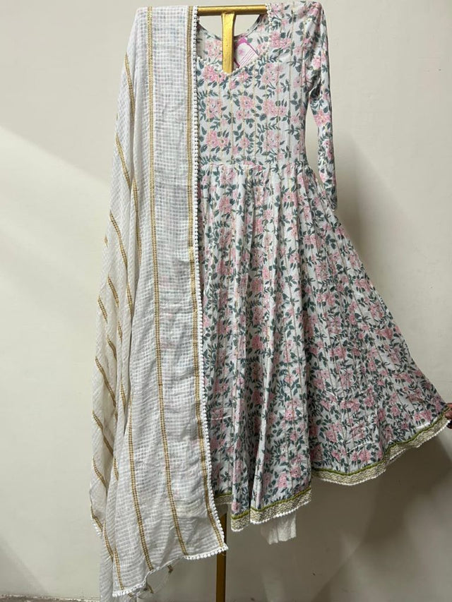 MALANG WHITE PRINTED ANARKALI SET