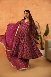 Disha Purple Hand Block Print Anarkali Set With Doriya Dupatta - view 3