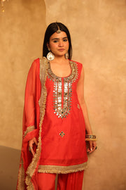 Mikka Red Sleeveless Chanderi Mirror Work Kurta Set With Chiffon Dupatta - view 6