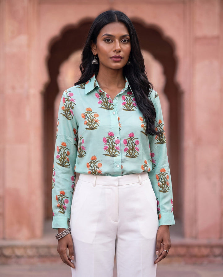 Aqua Mughal Floral Shirt - front view
