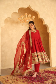 Raza Red Raw Silk Gota Lace Anarkali Set With Organza Dupatta - Deedar-e-Mehfil collection by Gulabo Jaipur