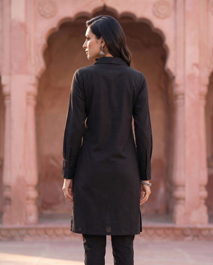 Black Collared Shirt Kurta – back view