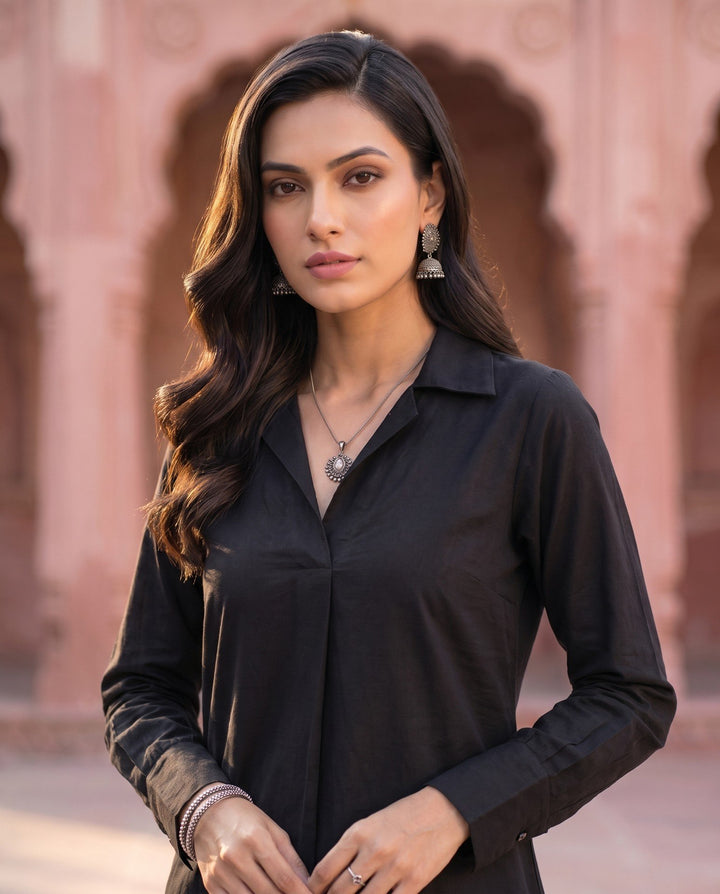 Black Collared Shirt Kurta – detail view