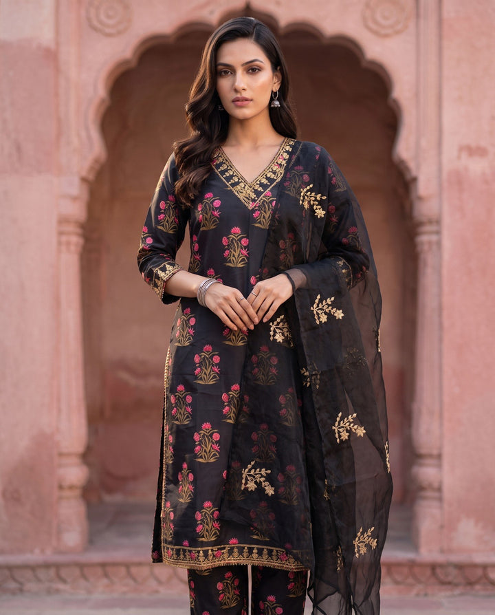 Black Mughal Floral Straight Set - front view