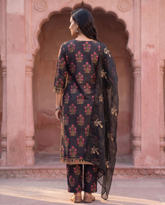 Black Mughal Floral Straight Set
