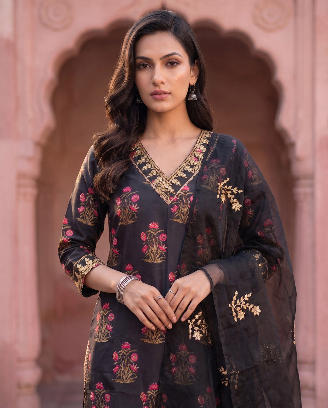 Black Mughal Floral Straight Set - detail view