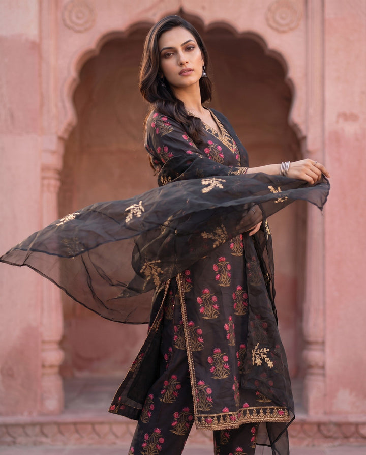 Black Mughal Floral Straight Set - styled look