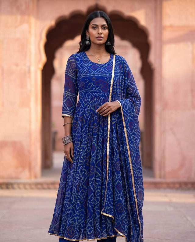 Blue Bandhani Anarkali Set