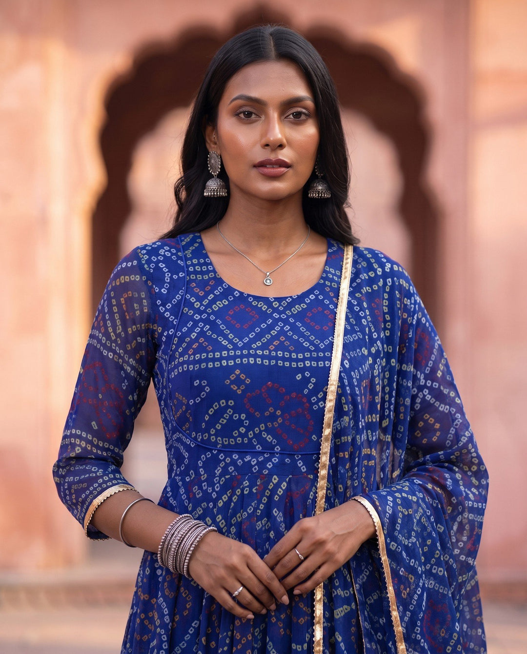 Blue Bandhani Anarkali Set – detail view