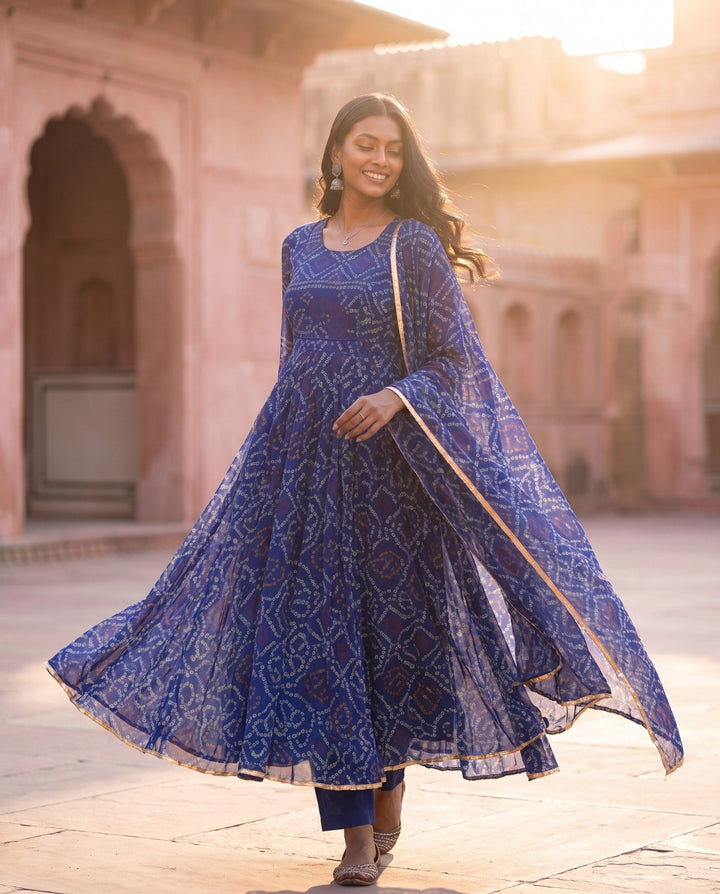 Blue Bandhani Anarkali Set – styled look