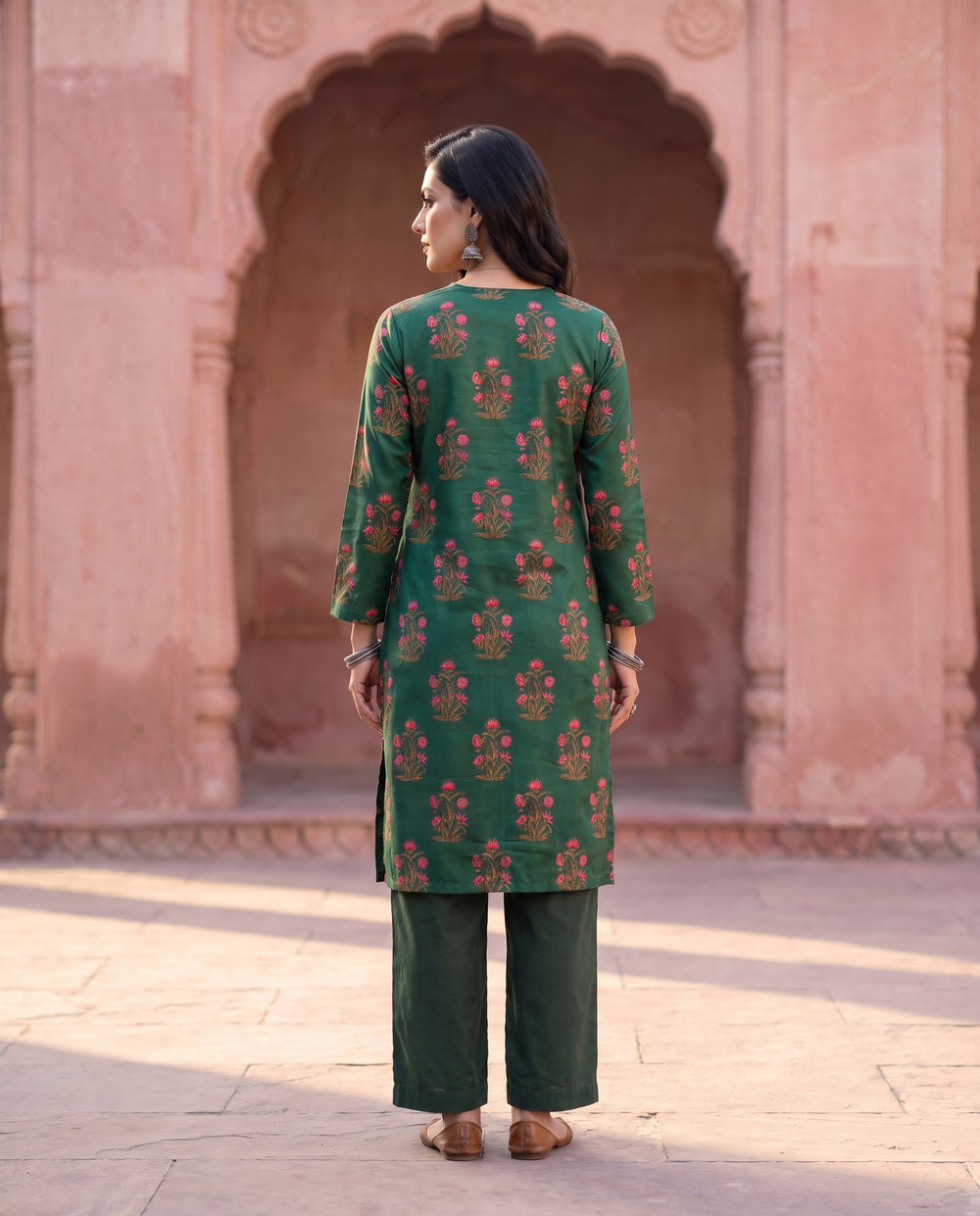 Bottle Green Floral Printed Co-ord Set – back view