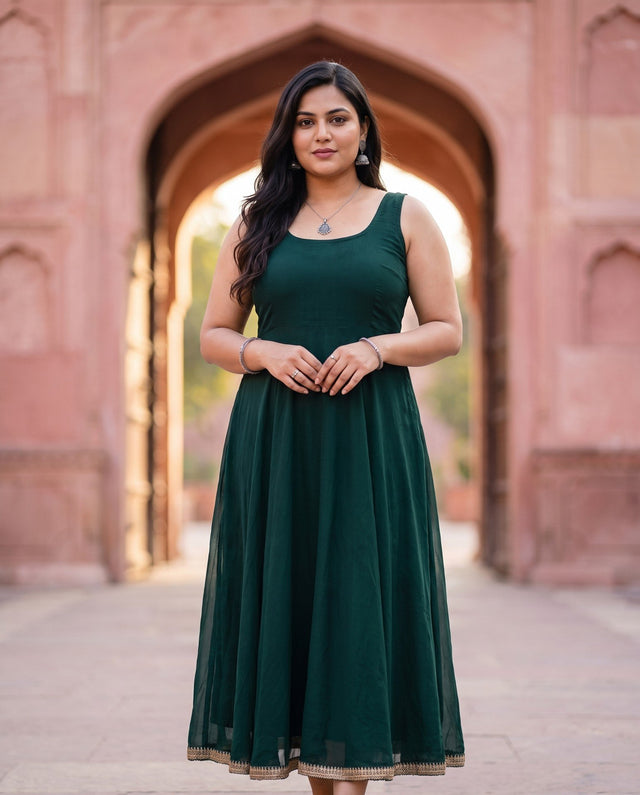Bottle Green Sleeveless Anarkali