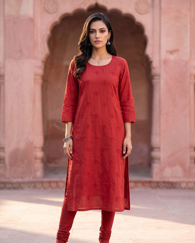Brick Red Embroidered Kurta