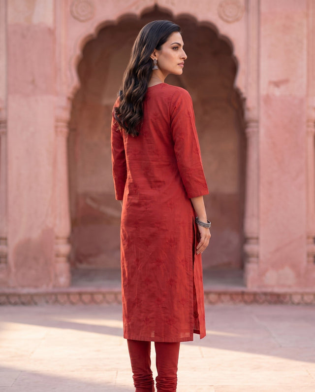 Brick Red Embroidered Kurta