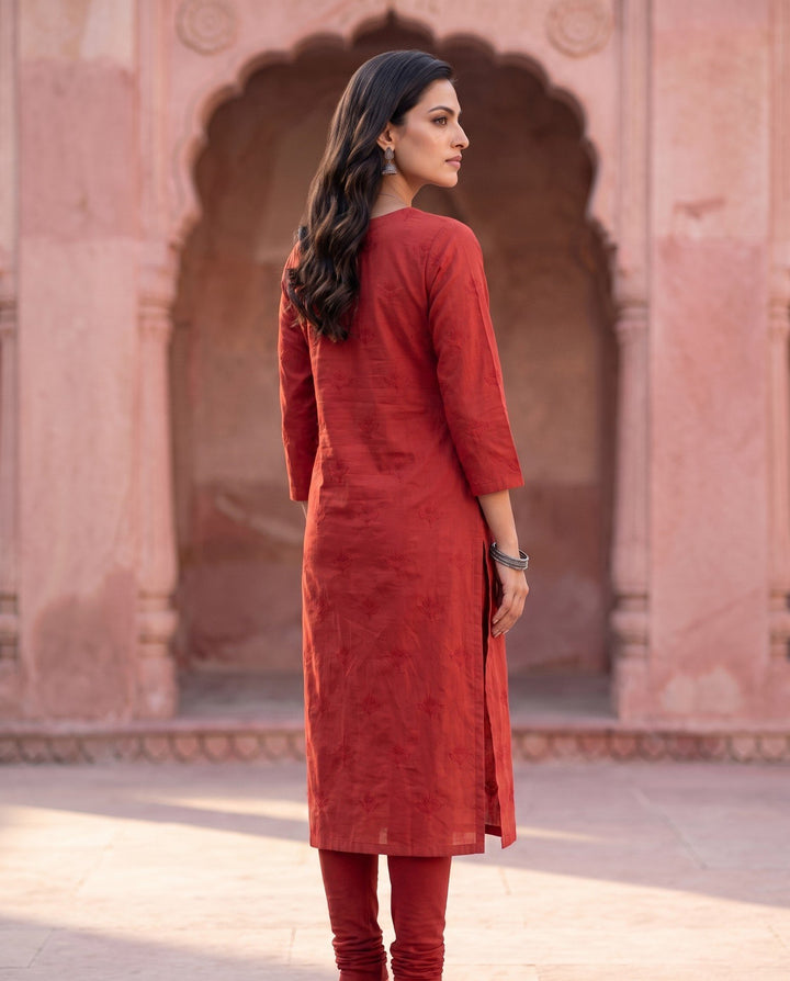 Brick Red Embroidered Kurta – back view