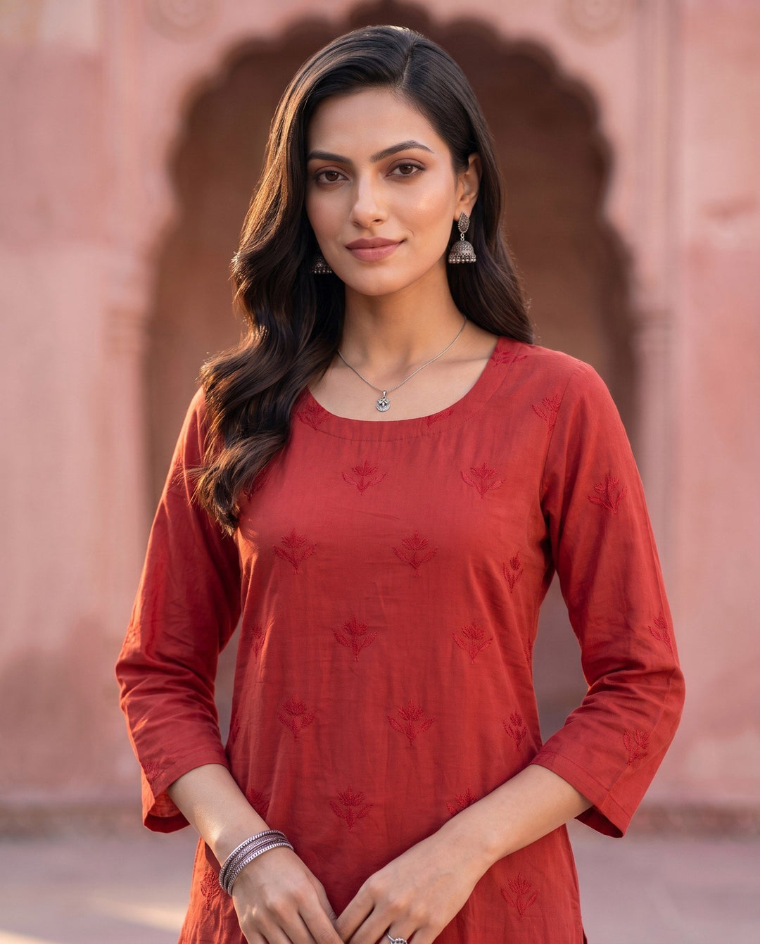 Brick Red Embroidered Kurta – detail view