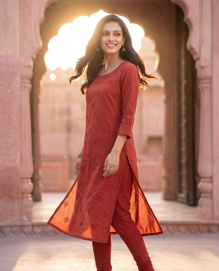 Brick Red Embroidered Kurta – styled look