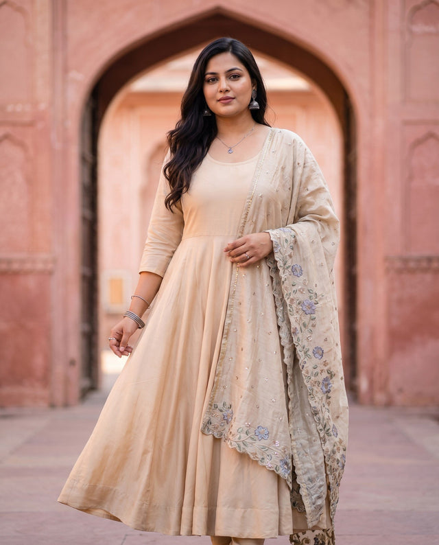 Champagne Embroidered Anarkali Set