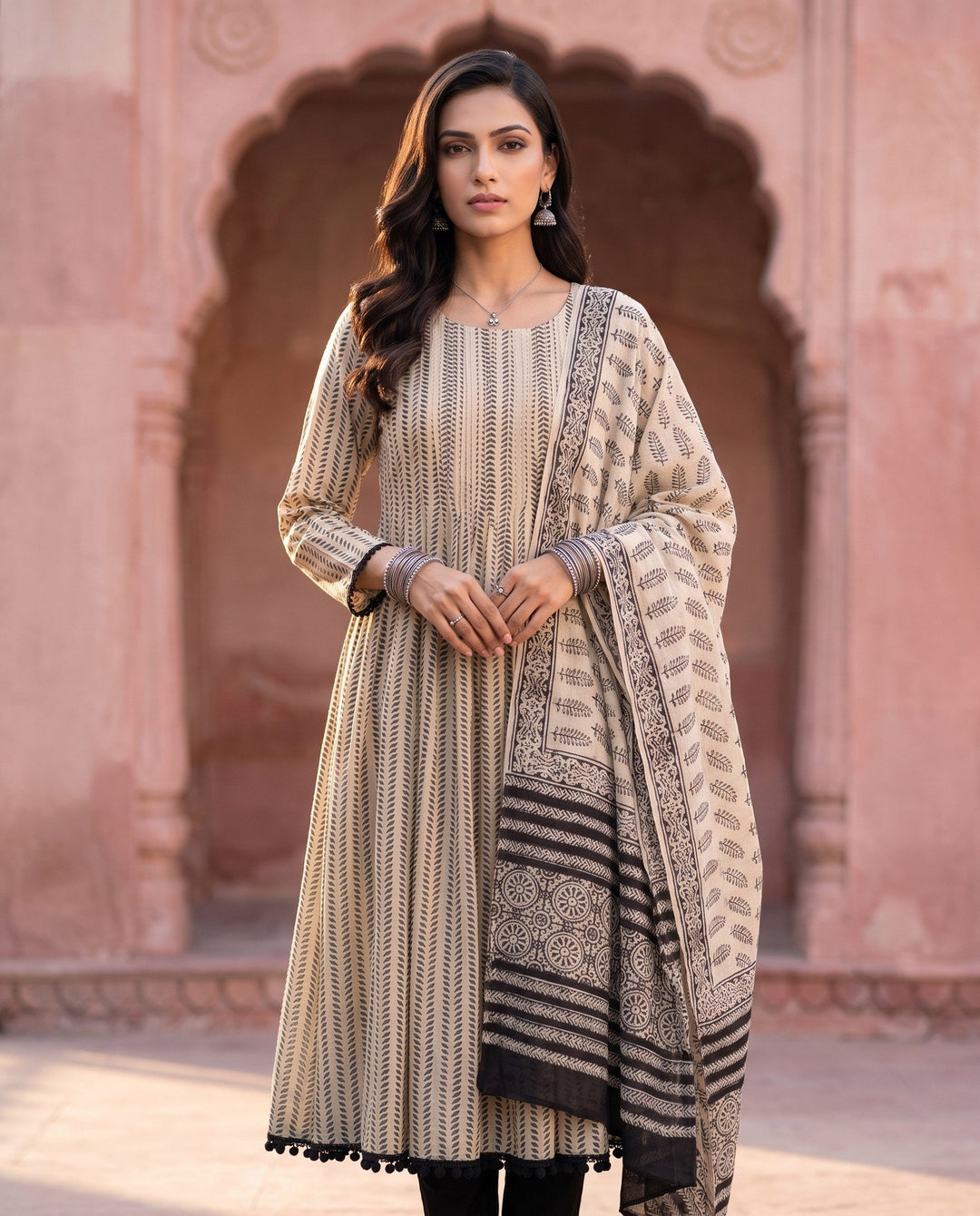 Cream Black Ajrakh Anarkali Set – front view