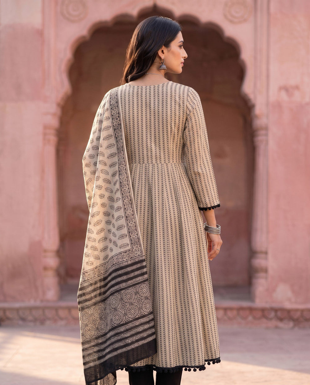 Cream Black Ajrakh Anarkali Set – back view