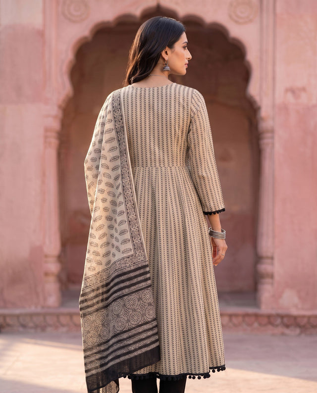 Cream Black Ajrakh Anarkali Set