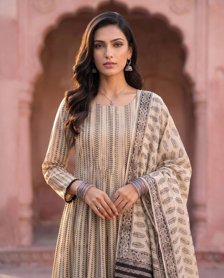 Cream Black Ajrakh Anarkali Set – detail view
