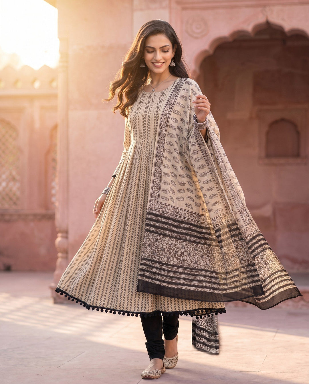 Cream Black Ajrakh Anarkali Set – styled look