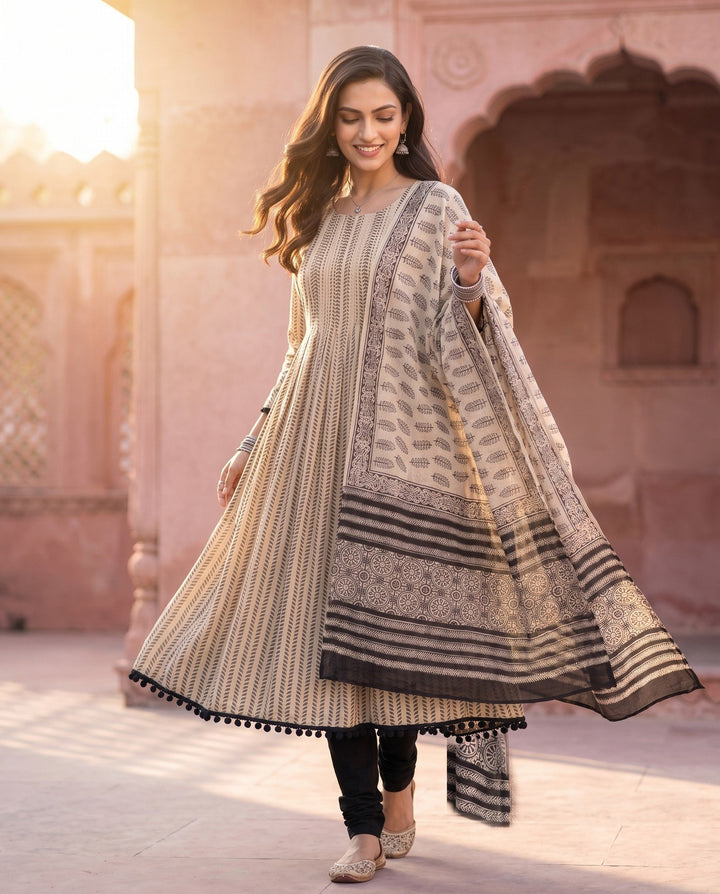 Cream Black Ajrakh Anarkali Set – styled look