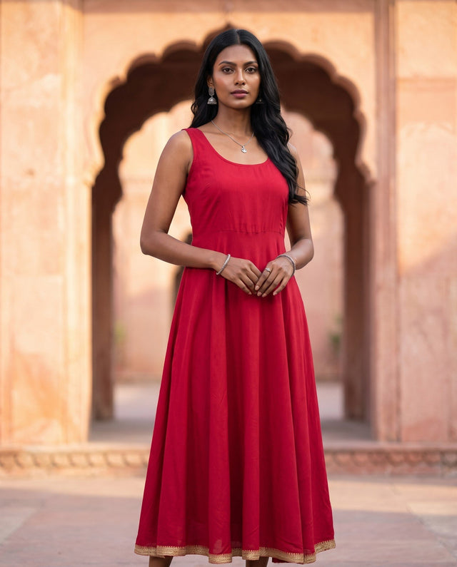 Crimson Red Sleeveless Anarkali