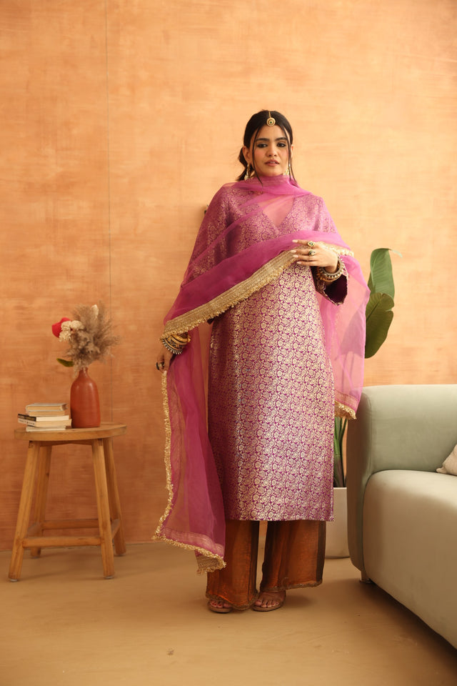 Abeer Purple Brocade Kiran Lace Straight Kurta Set With Organza Dupatta - view 2