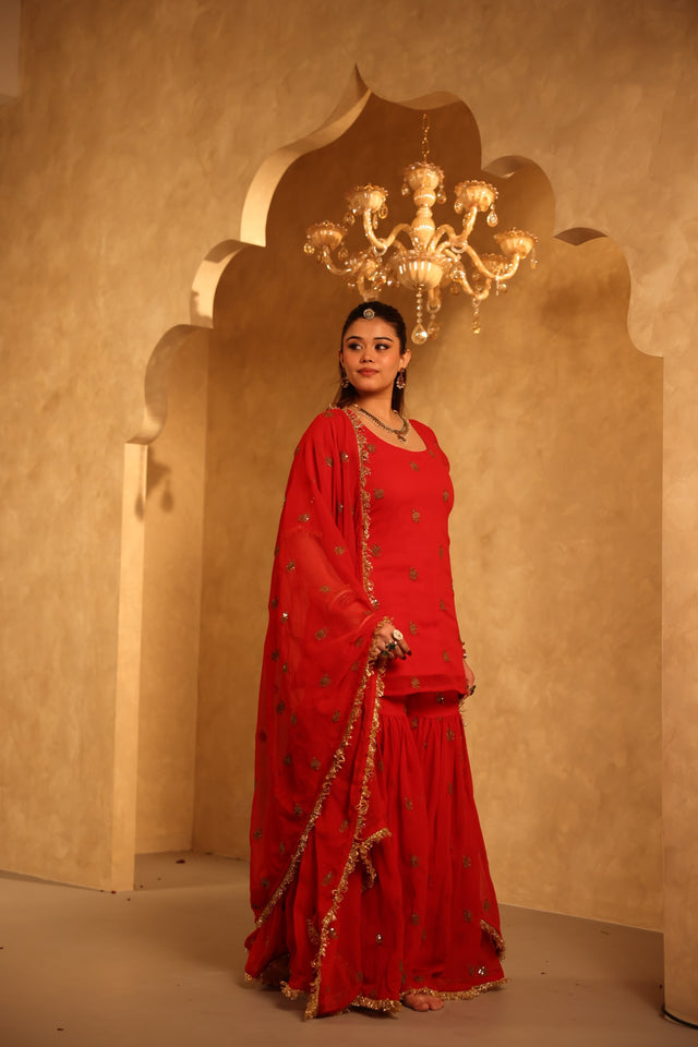 Saqi Red Georgette Embroidered Sharara Set With Dupatta - view 2
