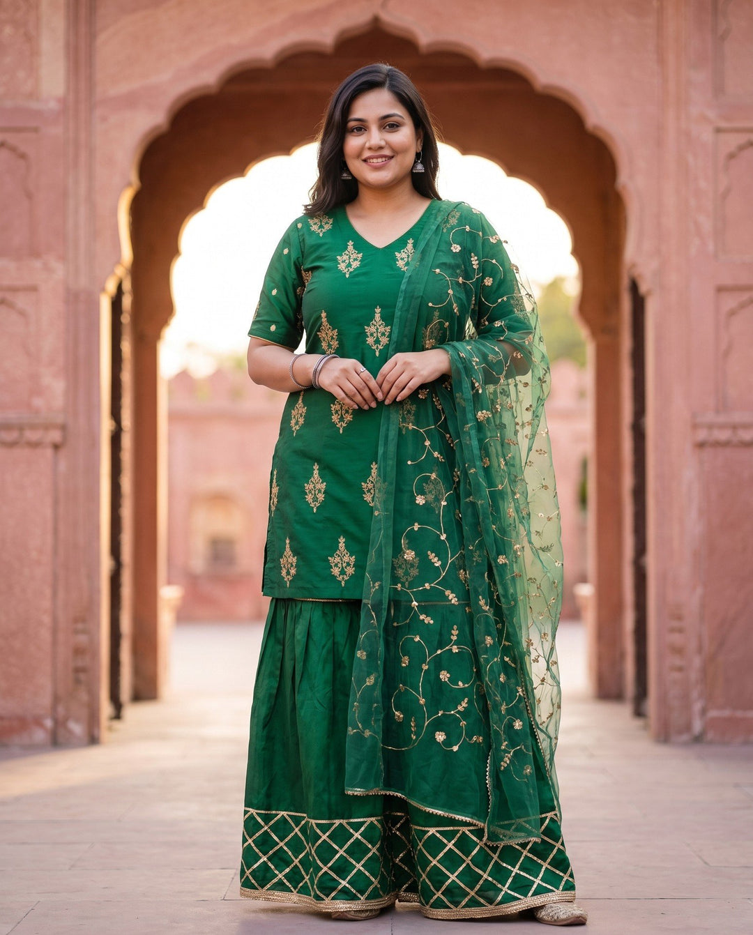 Emerald Gold Sharara Set - front view