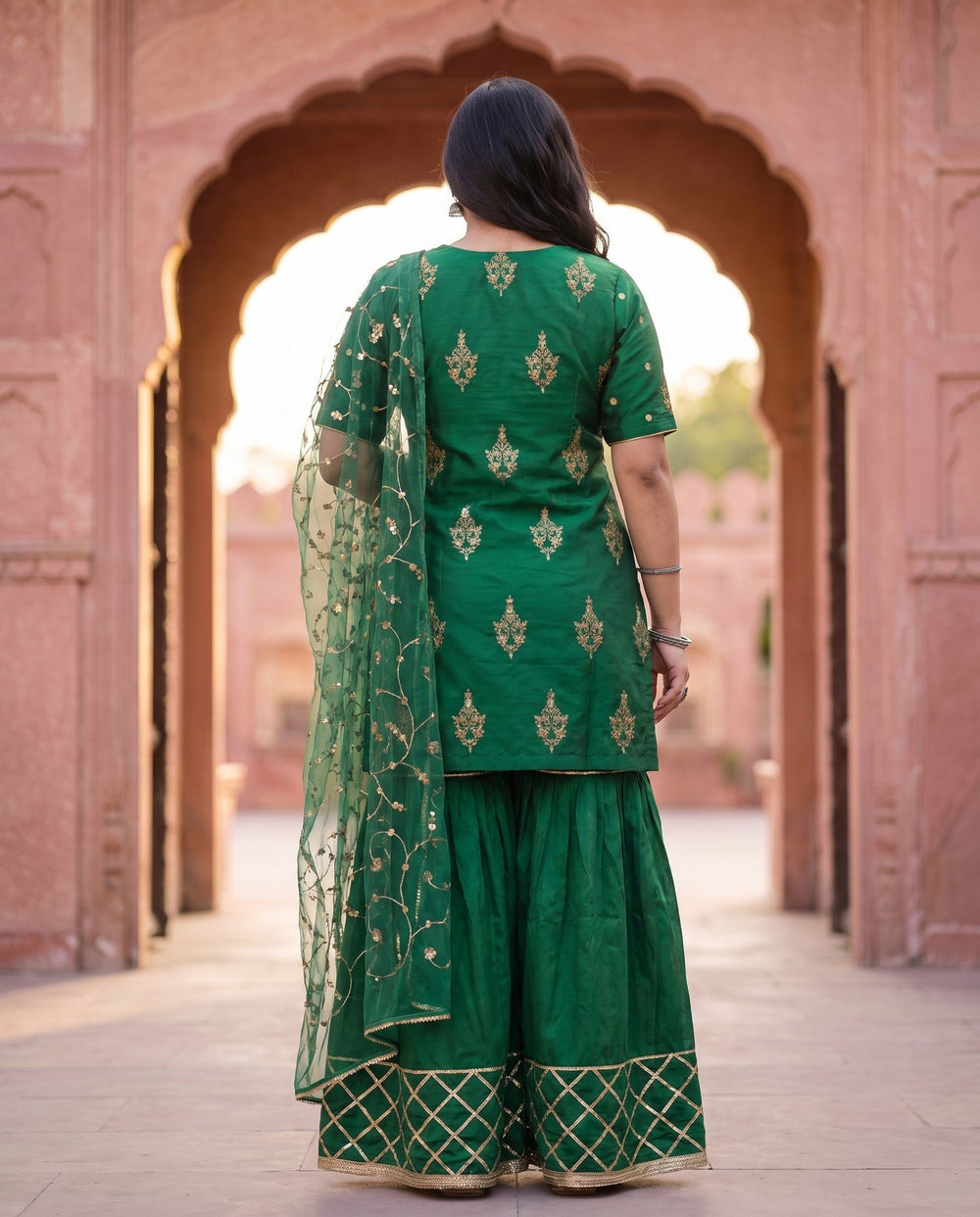 Emerald Gold Sharara Set - back view